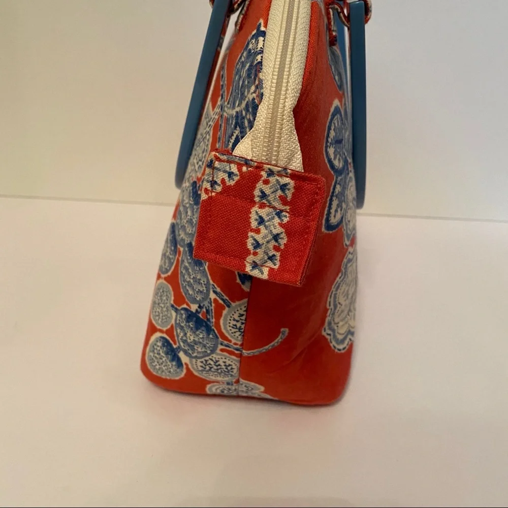 CHARLOTTE HORNER BAG SATCHEL RED BLUE FABRIC USA ARTISAN 2 HANDLE ZIP TOP